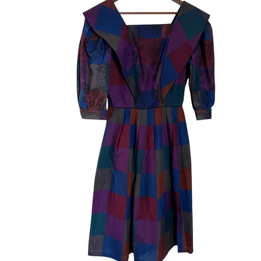 Vintage 80s Plaza South Sailor Midi Dress Medium M Patchwork Plaid Puff Sleeves - Picture 2 of 4